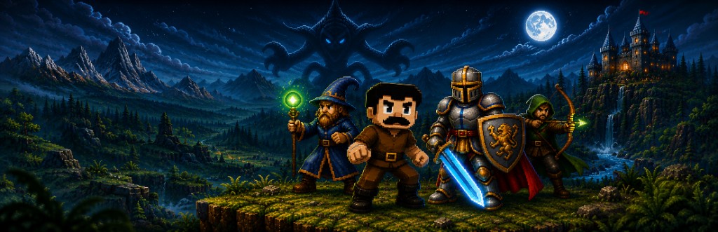 Gene World — aventura pixel art com heróis, castelo e criatura nas sombras